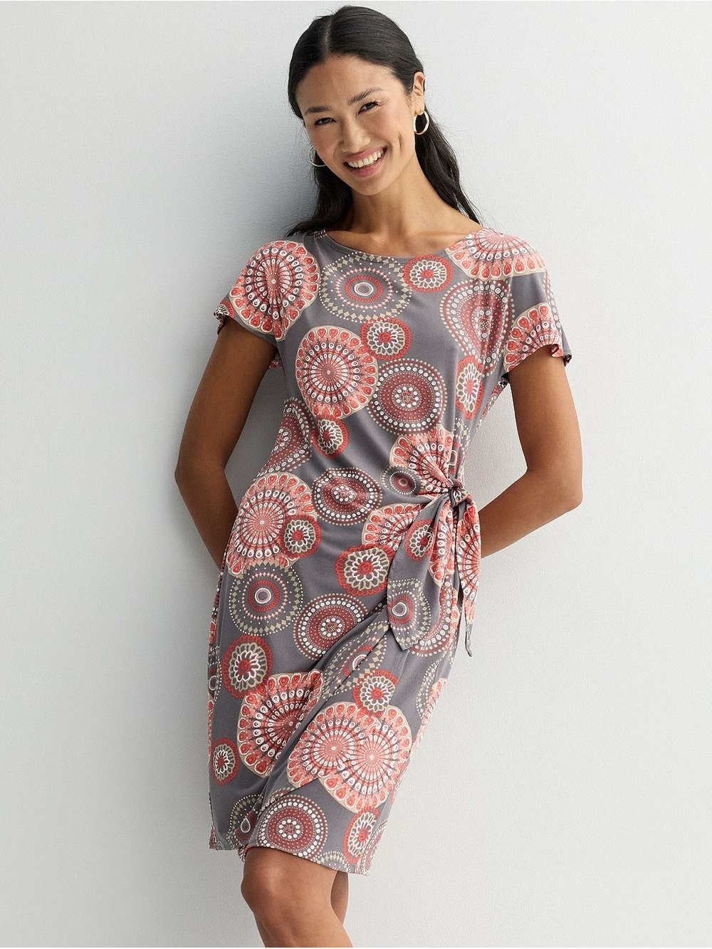 Robbie Bee Gray Dress with Coral Medallion Motif